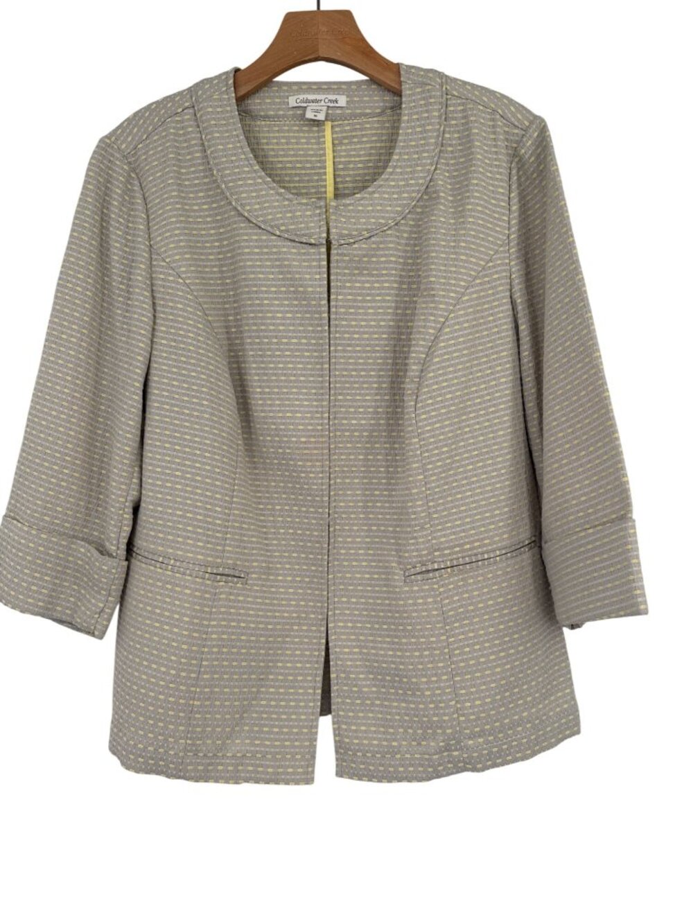 Coldwater Creek Womens Jacket Size 16 Beige  Yellow Textured Pattern 3/4 Sleeves